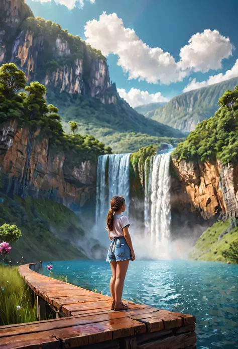 masterpiece, the highest quality, high quality, Very detailed CG unity 8k wallpaper, landscape, Outdoor, null, cloud, null, A cute girl is standing, Mountain, landscape, water, wood, blue null, waterfall, cliff, nature, lake, river , cloudy skies, Award-wi...