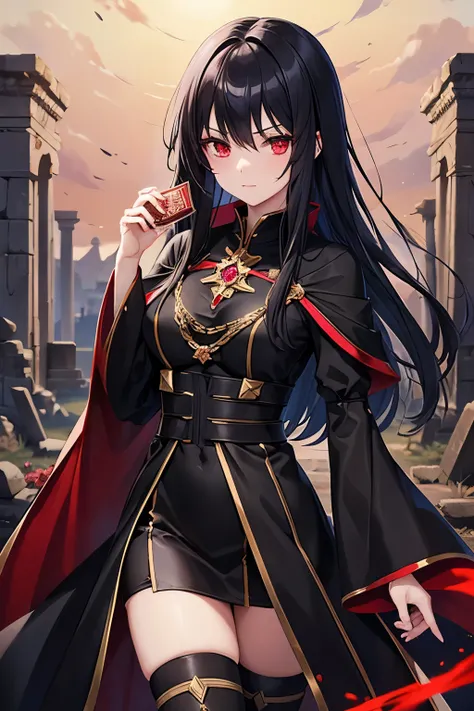 Medieval anime, a young woman, is a magician, has black hair, striking red eyes and a cold personality, emo style hair, wears elaborate dark wizard robes, the background of ancient ruins in dark night, which adds to her aura of mystery