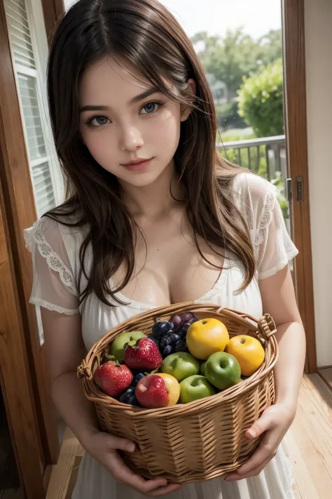 A beautiful, very sexual woman with a basket of fruit in her hand 