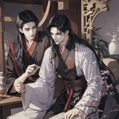 (nonsense, height, Very detailed, HDR), Masterpiece, complicated, best quality, man, long black hair, Korean Page, purple eyes, Hanfu costumes, interiors with Chinese style details., Detailed characters