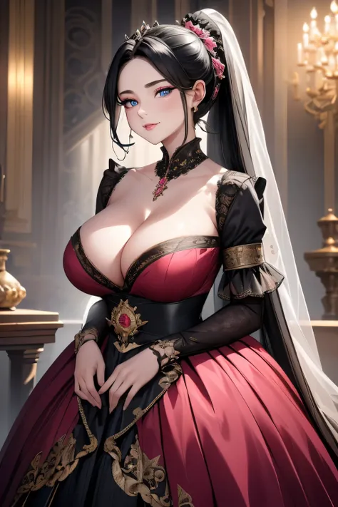 masterpiece, best quality, finely detailed, maximalist, 4K, 8K, high resolution, extremely delicate and beautiful, black-haired chubby beauty, aged 20, adorned in a captivating black and red long-sleeved ball gown, her face adorned with strong pink makeup,...