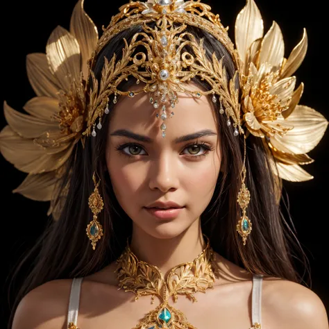 indonesia style, intricate ornate filigree headpiece, super details, concept art, crystal, golden flower, sharp focus, still life macro photography, (best_quality, masterpiece:1.2), (highly detailed), (4k, 8k, uhd, high_resolution, highres),