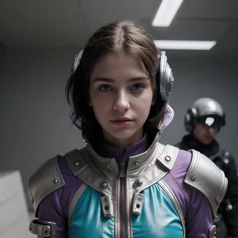 photo of a college student, purple pink, futuristic space suit, (freckle:0.8) cute face, science fiction, dystopia, delicate eye...