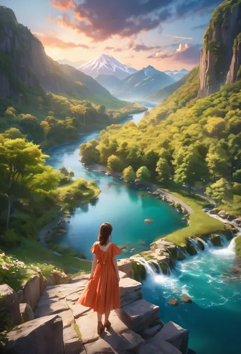 masterpiece, the highest quality, high quality, Very detailed CG unity 8k wallpaper, landscape, Outdoor, null, cloud, null, A cute girl is standing, Mountain, landscape, water, wood, blue null, waterfall, cliff, nature, lake, river , cloudy skies, Award-wi...