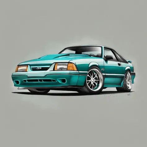 Beige and turquoise 1993 ford mustang, 2 door, pop art, cartoonish style,detailed, illustration, slammed to the ground, large black staggered wheels, wide body, masterpiece, highly detailed ((([simple grey background])))
