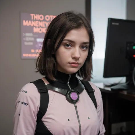 Photo of a college student, Purple Pink, Futuristic space suit, (freckle:0.8) Cute face, Science Fiction, Dystopia, Delicate eyes, Green pupils（（side view））