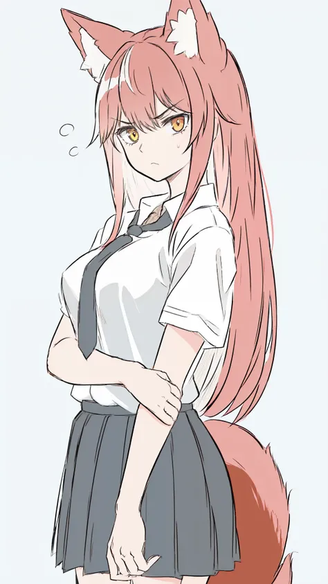 1girl ,20s,adult,serious face,white shirt,short sleeves,(black standard tie),white school skirt,(red hair),long hair,fox ears