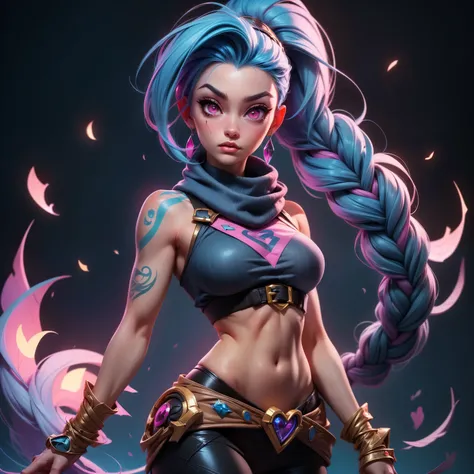 (A high resolution), (absurderes), (Best quality), (High quality), (Masterpiece), (1boy), , Glowing eyes, Pink eyes, Blue hair, Long hair, Double up braid, Jinx (League of Legends), arm tattoos, Crop top underboobs , Medium breasts, arms back behind, seduc...