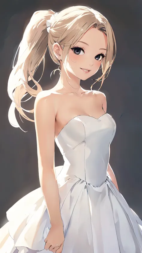 solo, 1girl, strapless, bride dress, simple background, seductive smile, middle breasts, middle hair, dark blonde, pony tail