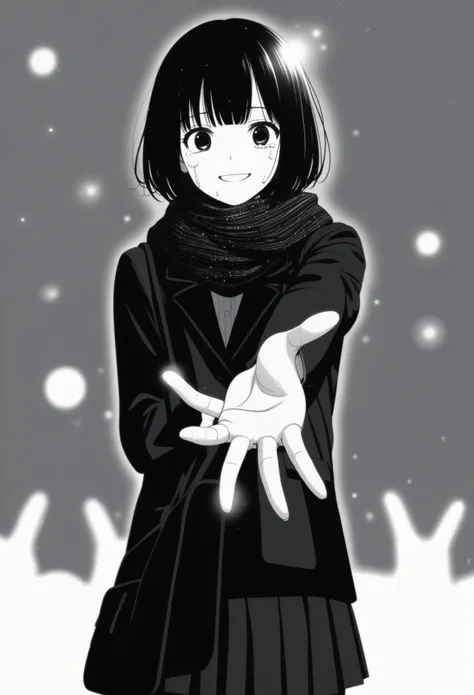 masterpiece, best quality, 1girl, mamerakkkkko, grayscale, manga style, japanese, chi no wadachi, black eyes, street, iced, black hair, schoolbag, smile, lineart, black coat, black scarf, black pleated skirt, leggins, centered, 18 years old, tall, fair ski...