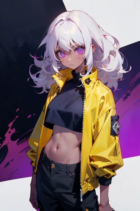 A girl who has purple eyes and curly white hair has dark skin, wears black cargo pants and a crop top over a yellow jacket.
