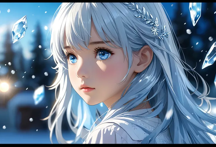 beautiful, a little girl, in the crystal and ice area , fluttering ice and snowing, ice crystals, streaked hair, sliver hair, sk...