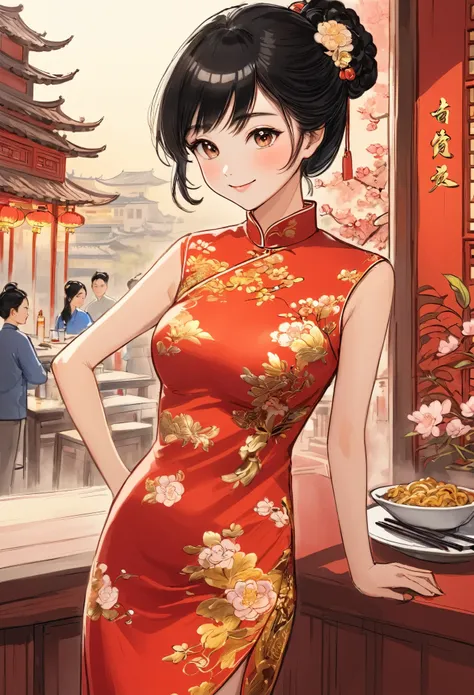 a beautiful woman, city,(red cheongsam), (flower chignon), (gold embroidery thread), outdoor chinese restaurant, light smile, ((...