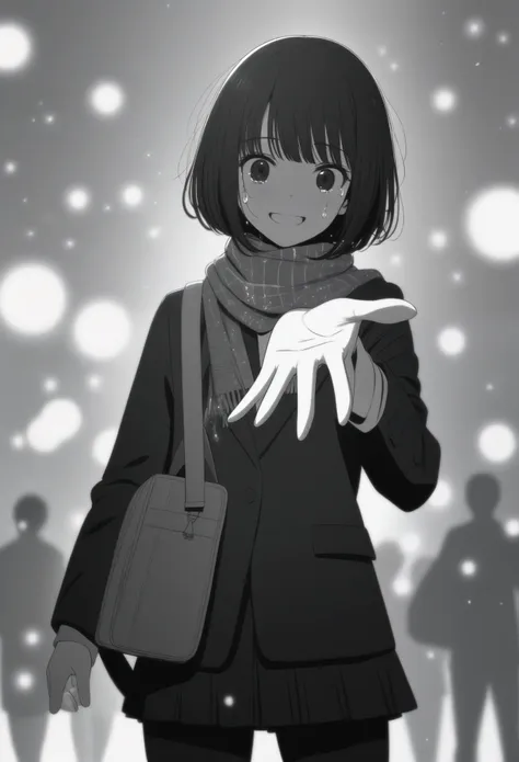 masterpiece, best quality, 1girl, mamerakkkkko, grayscale, manga style, japanese, chi no wadachi, black eyes, street, iced, blac...