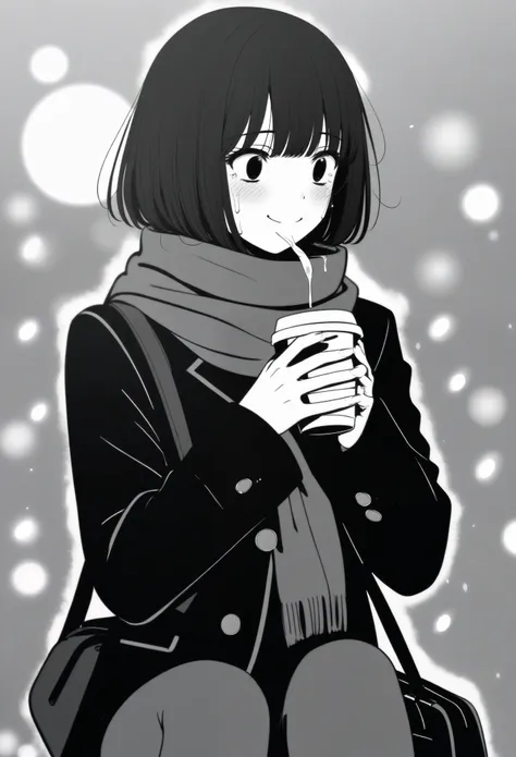 masterpiece, best quality, 1girl, mamerakkkkko, grayscale, manga style, japanese, chi no wadachi, black eyes, street, iced, blac...