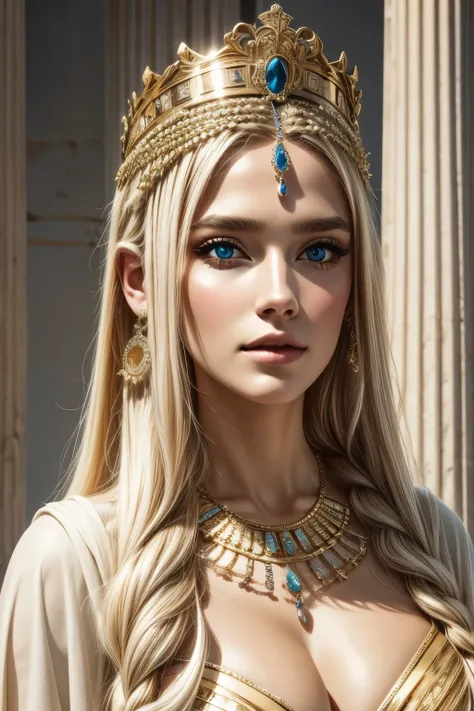 imagine the most beautiful queen of ancient greece, with a beautiful face and body, spectacular body, facing the viewer, full bo...