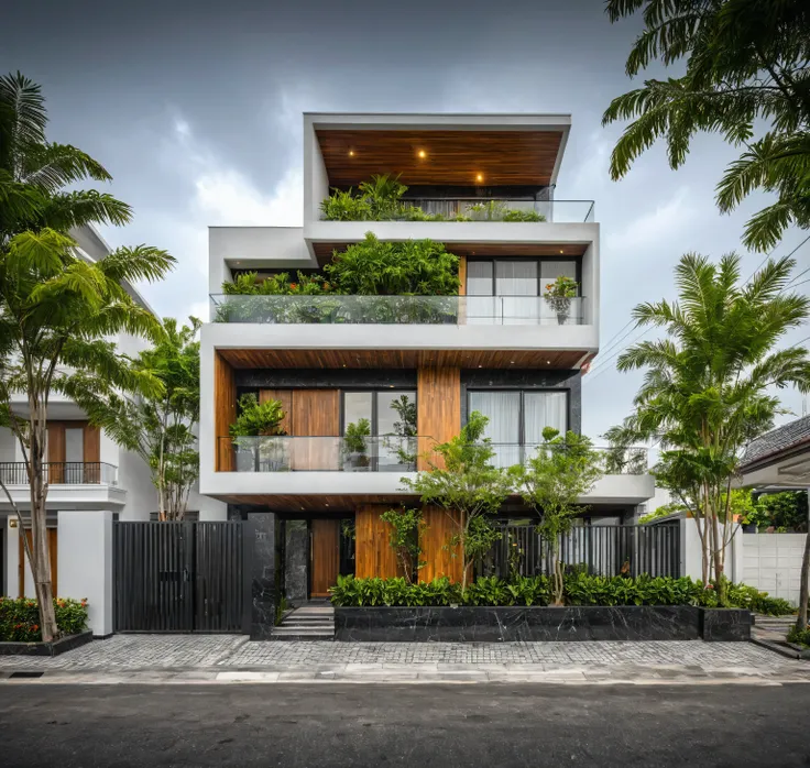 modern townhouse on street, (night), tropical tree, dark granite wall, vivid colour, streetcapes, white tone, white wall, steel ...