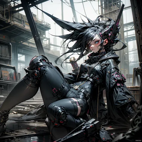 1 girl, 1 solo girl, punk clothes, gothic, cyberpunk weapons, destroyed city, beautiful hair punk, beautiful and detailed eyes, ...