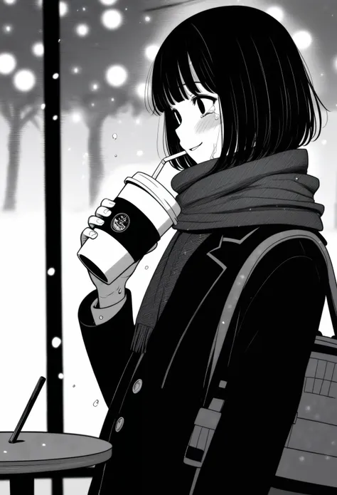 masterpiece, best quality, 1girl, mamerakkkkko, grayscale, manga style, japanese, chi no wadachi, black eyes, street, iced, blac...