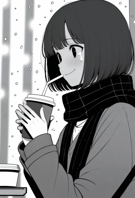 masterpiece, best quality, 1girl, mamerakkkkko, grayscale, manga style, japanese, chi no wadachi, black eyes, street, iced, black hair, schoolbag, smile, lineart, black coat, black scarf, black pleated skirt, leggings, centered, 18 years old, tall, fair sk...