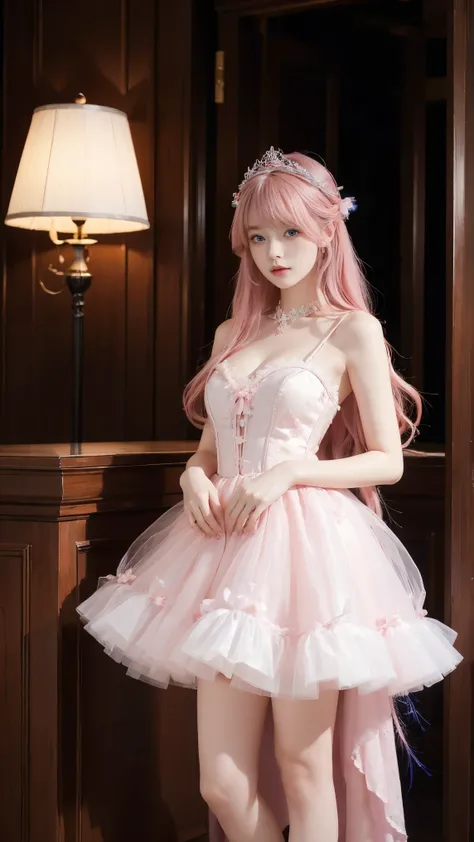 masterpiece, best quality, 1 Girl, Sexy，Standing，Good looking，gentle，Victorian costumes，blue eyes, Pink Hair，Long hair，Middle-parted bangs， Gorgeous headdress，Gorgeous evening dress，Tutu，High heel。