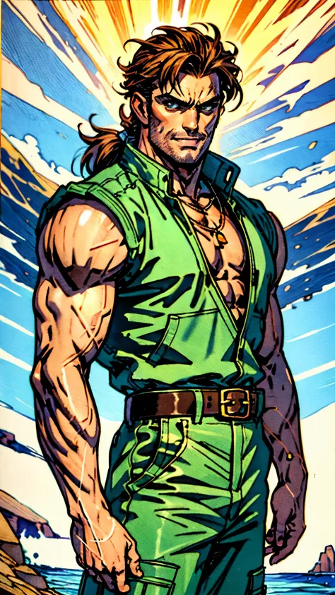 (masterpiece:1.2, best quality, extremely delicate), a man with short brown hair, a short ponytail, brown skin, a handsome face, deep eyes, a wild smile, stubble on his chin, wears a necklace with fangs, a muscular build, a fantasy-reality style blue open ...