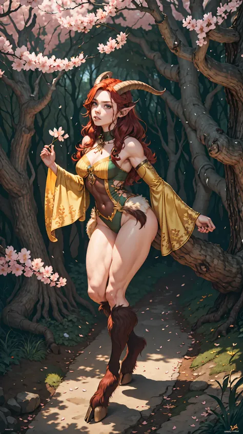 red hair,a faun female in the forest, satyr, woman, fantasy(masterpiece, best quality, photorealistic, detailed shiny skin:1.2),...