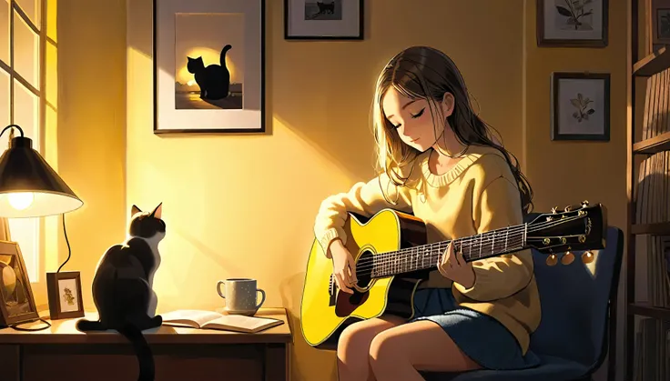 evening,
girl sitting in a cozy corner, pulling on the guitar.
the soft yellow light of the desk lamp illuminates her thoughtful...