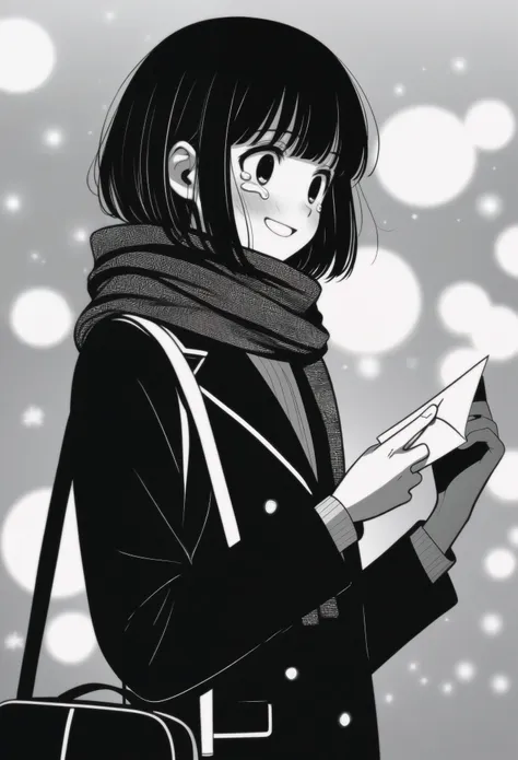 masterpiece, best quality, 1girl, mamerakkkkko, grayscale, manga style, japanese, chi no wadachi, black eyes, street, iced, blac...