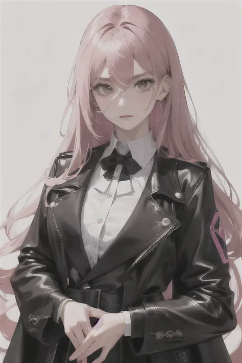 (Highest resolution, distinct_image) Best quality, A womans masterpiece, very detailed, semi-realistic,(most of the body),PINK long hair, bang, 18 years, young,black fitting,pinkish purple flight suit,stand-up collar shirt,sharp face,(Brown eyes, hair betw...