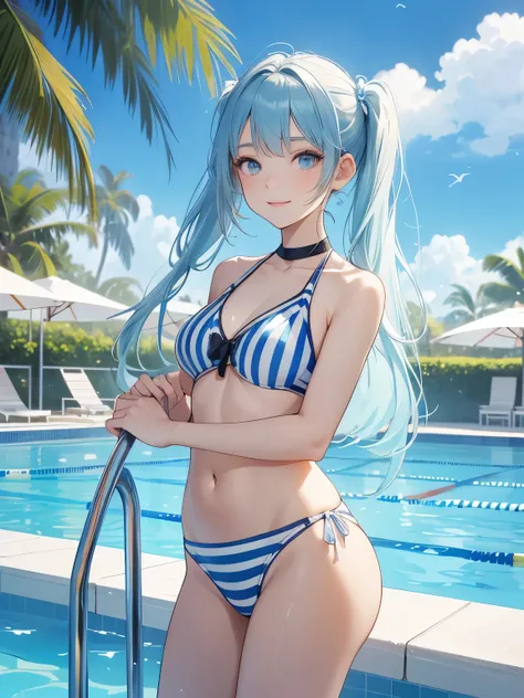 (high quality,masterpiece,4K,8K),cute girl,The photo shows a woman in a swimsuit holding onto a swimming pool ladder.。She is smiling at the camera。* Appearance: Women have long hair、Twin tail hairstyle。 White headphones around his neck。 The smile is attrac...