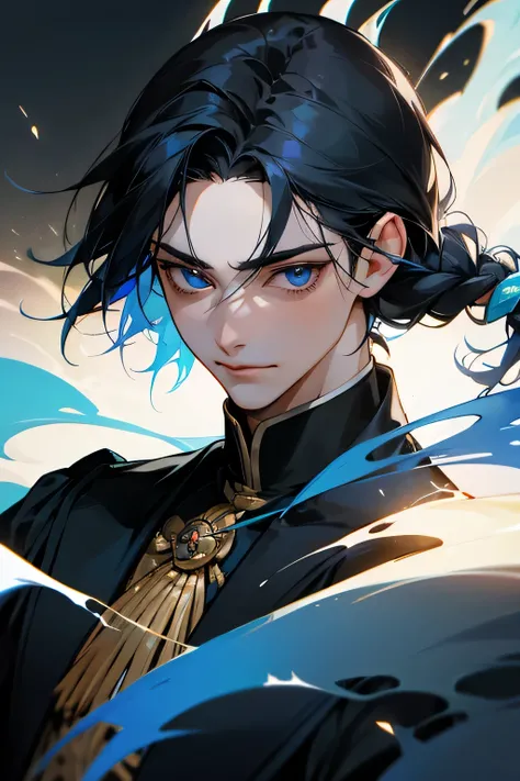 a close up of a man , splash color, beautiful androgynous prince, black hair with braid, dark blue eyes, smoke effect, smile, надменная улыбка, ((черные волосы с синими концами))