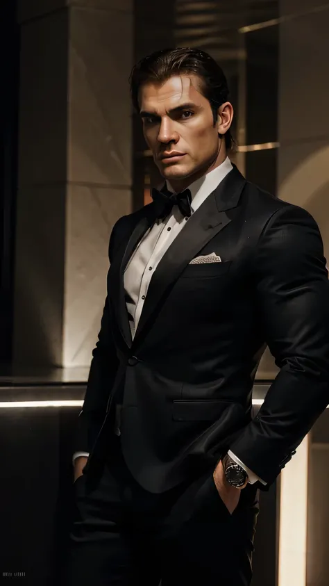 realist (muscular man: 1.1) James Bond, Henry Cavill, with an intricate and elegant black suite, portrait, short hair, outlined beard, in a night club, Spot lighting of the scene, detailed background, intricate details, (illustration), Masterpiece, high re...