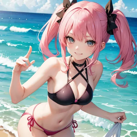 Pink Haired Girl　Ocean　High cut swimsuit　Petite　slender　Fearless smile　Twin tails