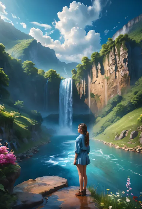 masterpiece, the highest quality, high quality, Very detailed CG unity 8k wallpaper, landscape, Outdoor, null, cloud, null, A cute girl is standing, Mountain, landscape, water, wood, blue null, waterfall, cliff, nature, lake, river , cloudy skies, Award-wi...