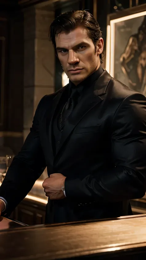 realist (muscular man: 1.1) James Bond, Henry Cavill, with an intricate and elegant black suite, portrait, short hair, outlined beard, in a night club, Spot lighting of the scene, detailed background, intricate details, (illustration), Masterpiece, high re...