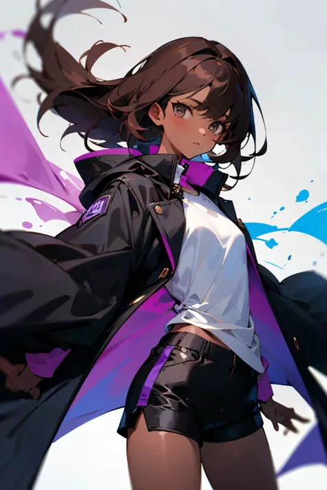 A girl who has medium dark brown hair and dark skin wears a black and purple coat and black shorts