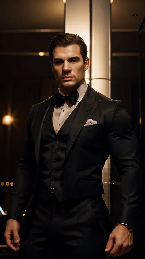 realist (muscular man: 1.1) James Bond, Henry Cavill, with an intricate and elegant black suite, portrait, short hair, outlined beard, in a night club, Spot lighting of the scene, detailed background, intricate details, (illustration), Masterpiece, high re...