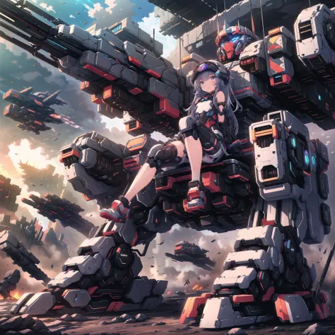 (masterpiece:1.2), best quality, high resolution, extremely detailed CG, absurdres, highres, Sci-fi world where a girl in bodysuit sits inside a machine with giant robot arms and legs on a battlefield, and the girl holds the lever of the machine,Colorful p...