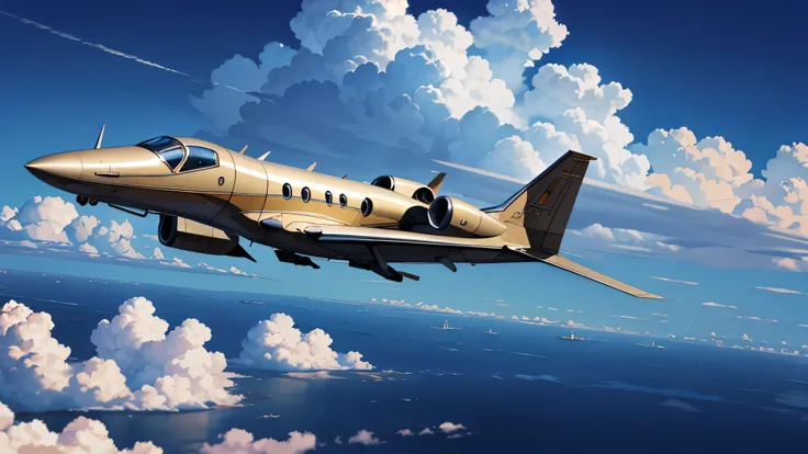 1970, a private jet flying through the clouds, outside, cinematic action, atmospheric perspective, depth of field, textured skin, super detail, 