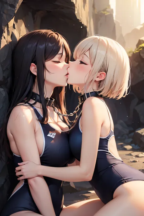 cowboy shot, yuri, 2girls, (kiss), (female masturbation:1.5), closed eyes, linked collar, large breasts, school swimsuit, skinda...