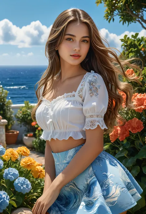 a beautiful girl in a garden, 1 girl, long hair, blue sky, ocean, short skirt, (very detailed background:1.0), (very detailed background:1.0), (best quality,4k,8k,highres,masterpiece:1.2),ultra-detailed,(realistic,photorealistic,photo-realistic:1.37),vibra...