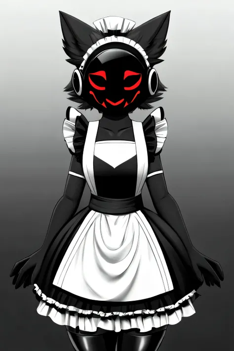 protogen, black maid dress, thigh highs, red gray and black fur, gradient background, cute face, monochrome visor screen