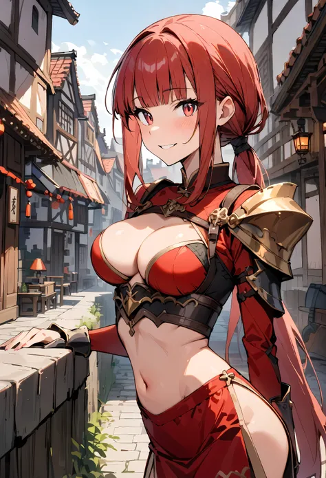 ((masterpiece,Highest quality:1.3)),cowboy shot,1woman,30 year old beauty,solo,((very small head:1.2)),red hair,long hair,low ponytail,blunt bangs,red eyes,gorgeous eyes,smile,medium breasts,((very long body)),((toned body,slender body,skinny)),gleaming sk...