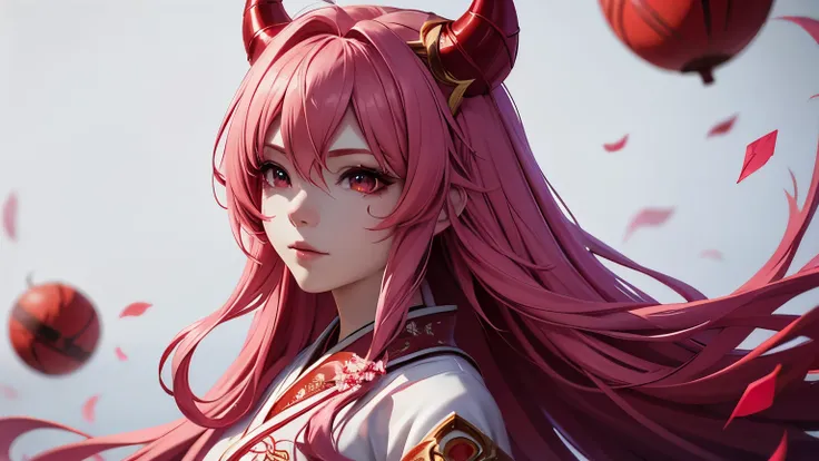 serafina1, league of legends, pink hair, they, daemon, red daemon horns, blood moon, white traditional japanese kimono, red make...