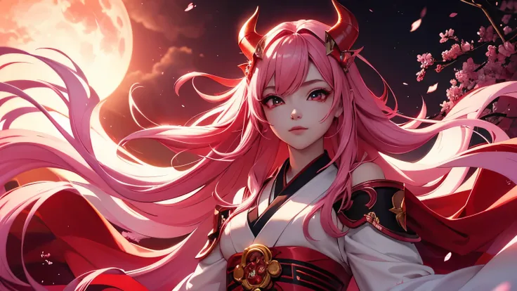 serafina1, league of legends, pink hair, they, daemon, red daemon horns, blood moon, white traditional japanese kimono, red make...