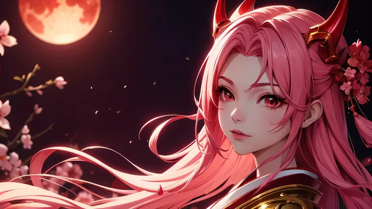 Serafina1, League of Legends, pink hair, They, daemon, red daemon horns, blood moon, white traditional japanese kimono, Red Makeup, red background, sakura flowers, Japanese Athlete, Luminous effects, long hair, split