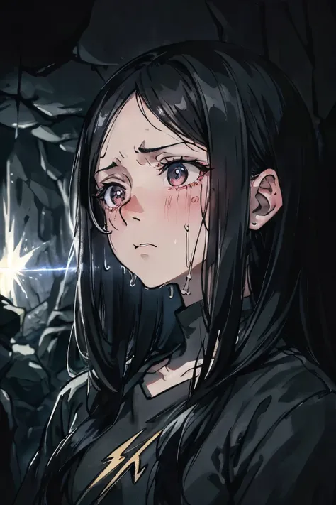 A scared woman with long black hair, staring intensely at her cell phone screen, sweat visible on her forehead, a look of deep despair on her face, sadness, inside a dark cave, no lightning, cinematic darkness, chiaroscuro, detailed, 8k, highres