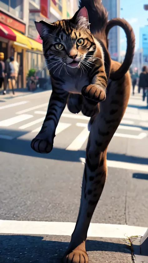 A fleeting feline figure is seen darting between the legs of passersby.