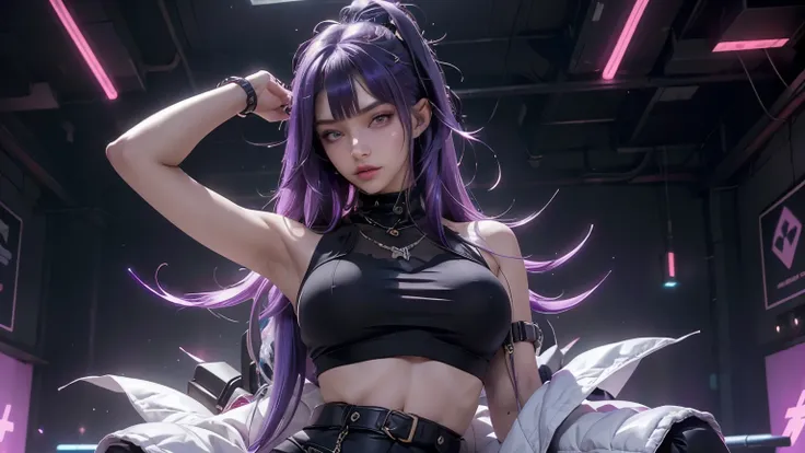 anime girl with purple hair sitting on a chair in front of a space ship, oppai cyberpunk, cyberpunk anime art, anime cyberpunk art, digital cyberpunk - anime art, digital cyberpunk anime art, cyberpunk anime girl, anime cyberpunk, female cyberpunk anime gi...